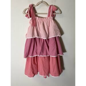 English Factoy Red/Pink Plaid Tiered Ric Rac Trimmed Dress Sz S
